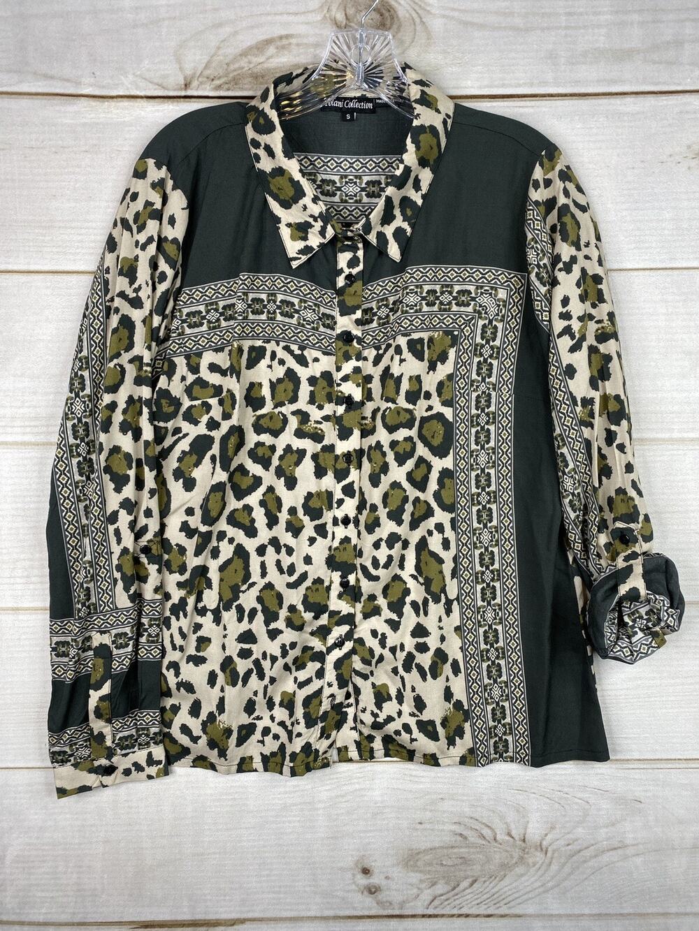 Anthropologie Tolani Collection Top Womens S Animal Print Button Up Roll Tab Slv
